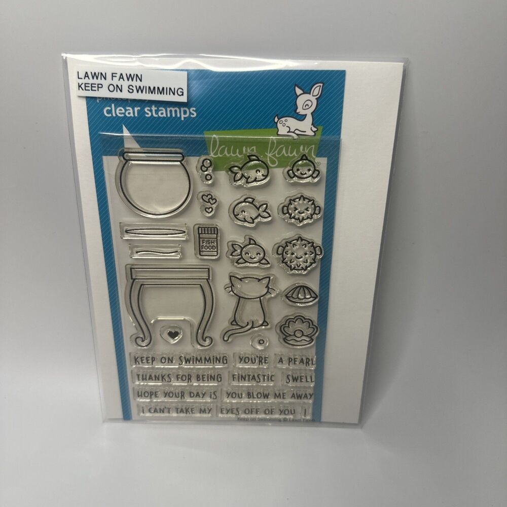 Lawn Fawn Clear Stamp Set Keep On Swimming Cat Fish tank aquarium sentiments